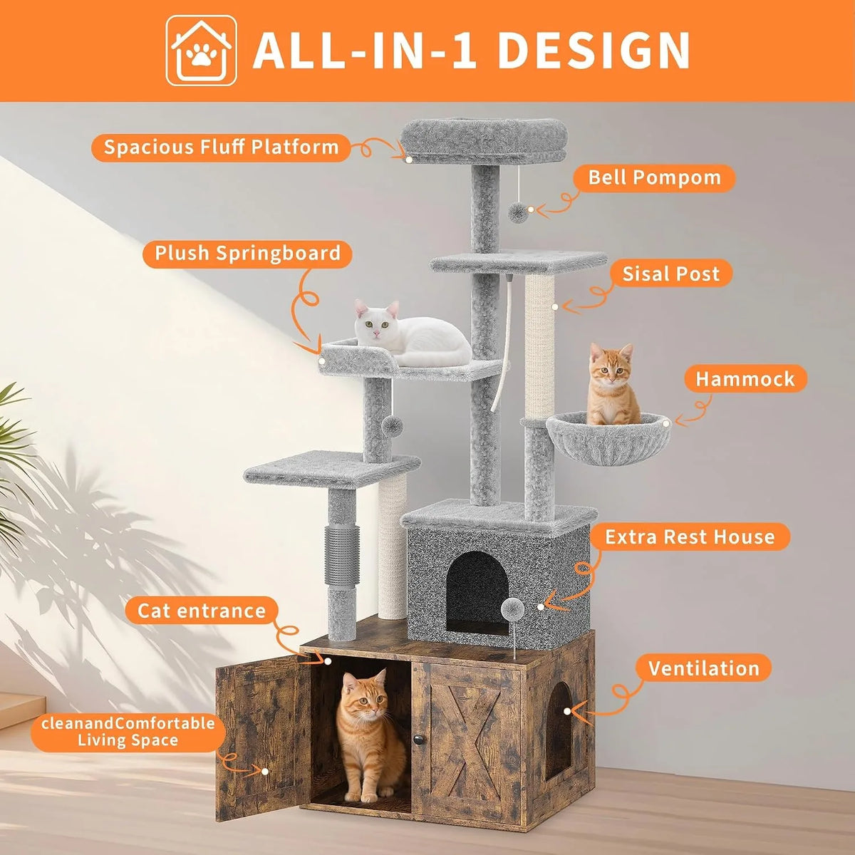 Modern 3 In 1 Cat Tree With Hidden Litter Box