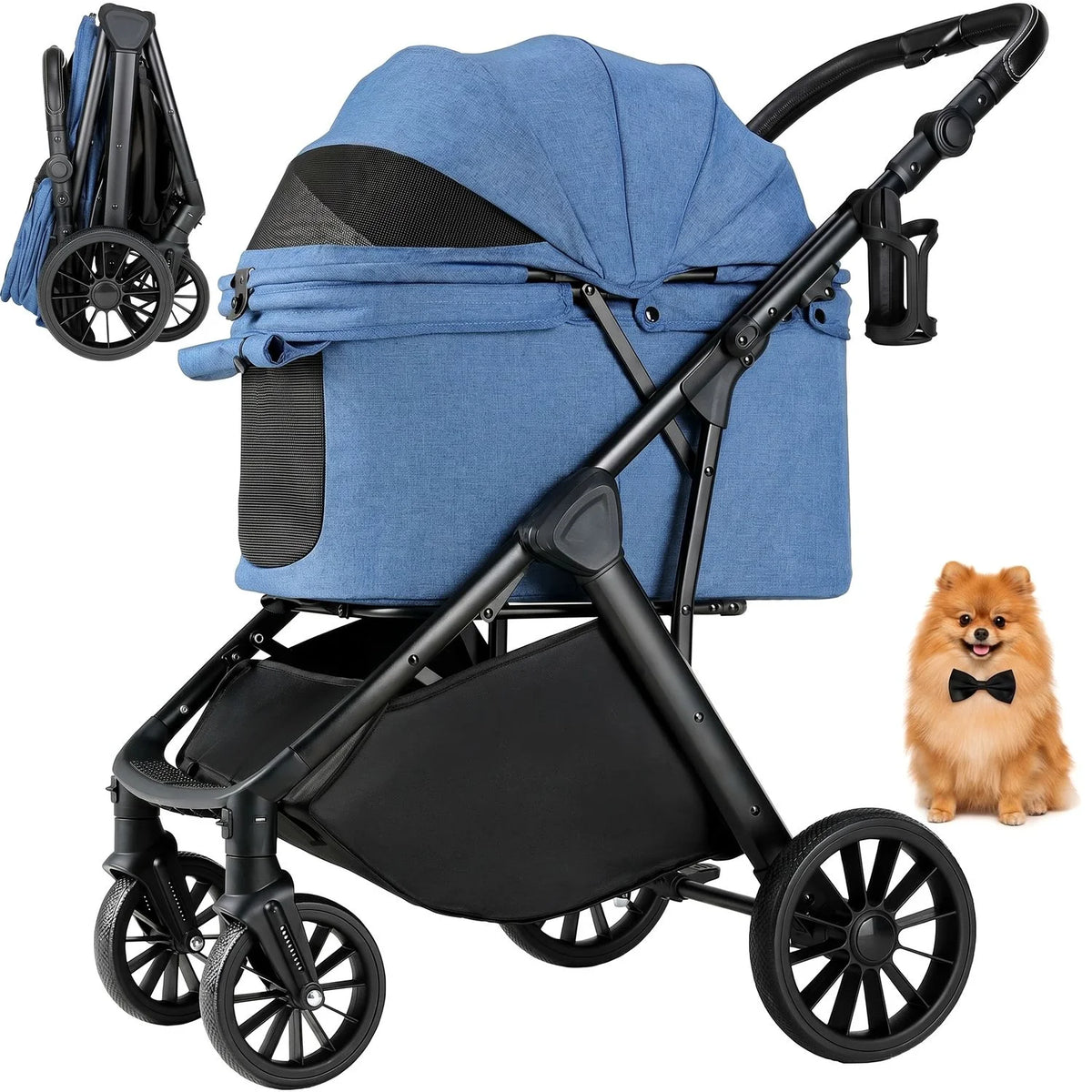 Foldable Pet Stroller With Canopy And Shock Absorber Design