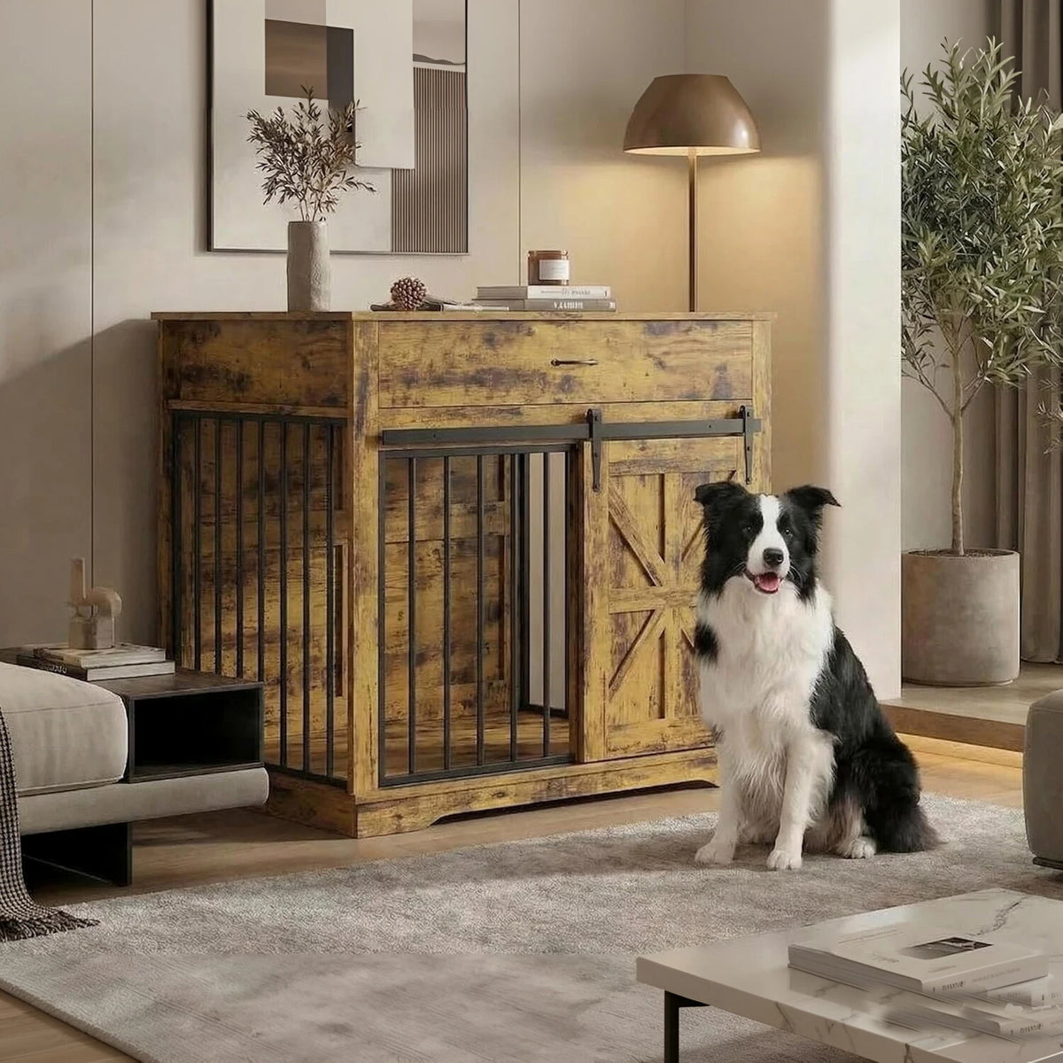 HiMISS Heavy Duty Ironwood Dog Crate Furniture With Barn Door
