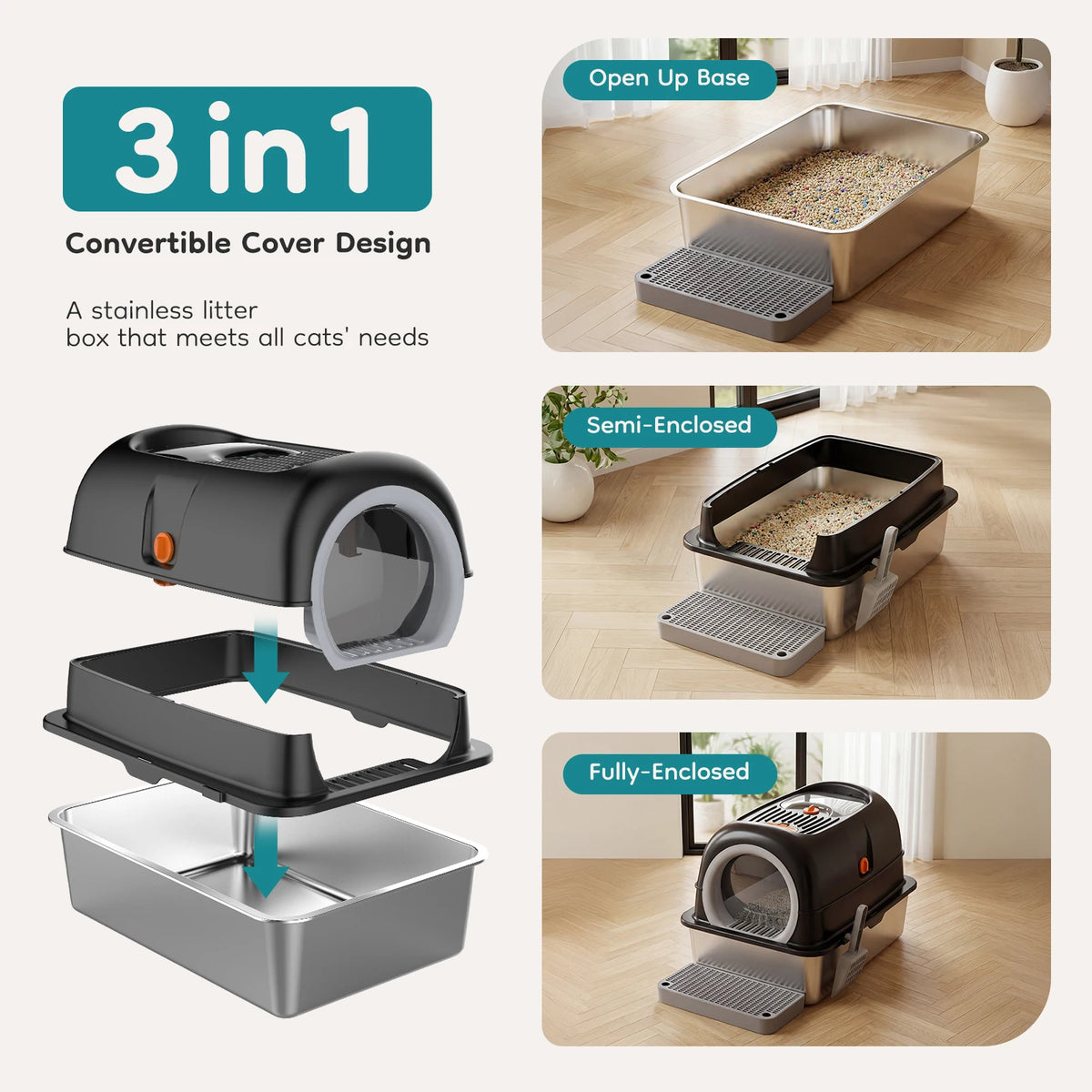 Stainless Steel Enclosed Cat Litter Box Scoop And Mat