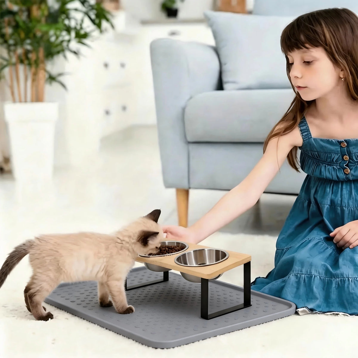 Elevated Tilted Cat Bowl With Wooden Stand And Stainless Feeder
