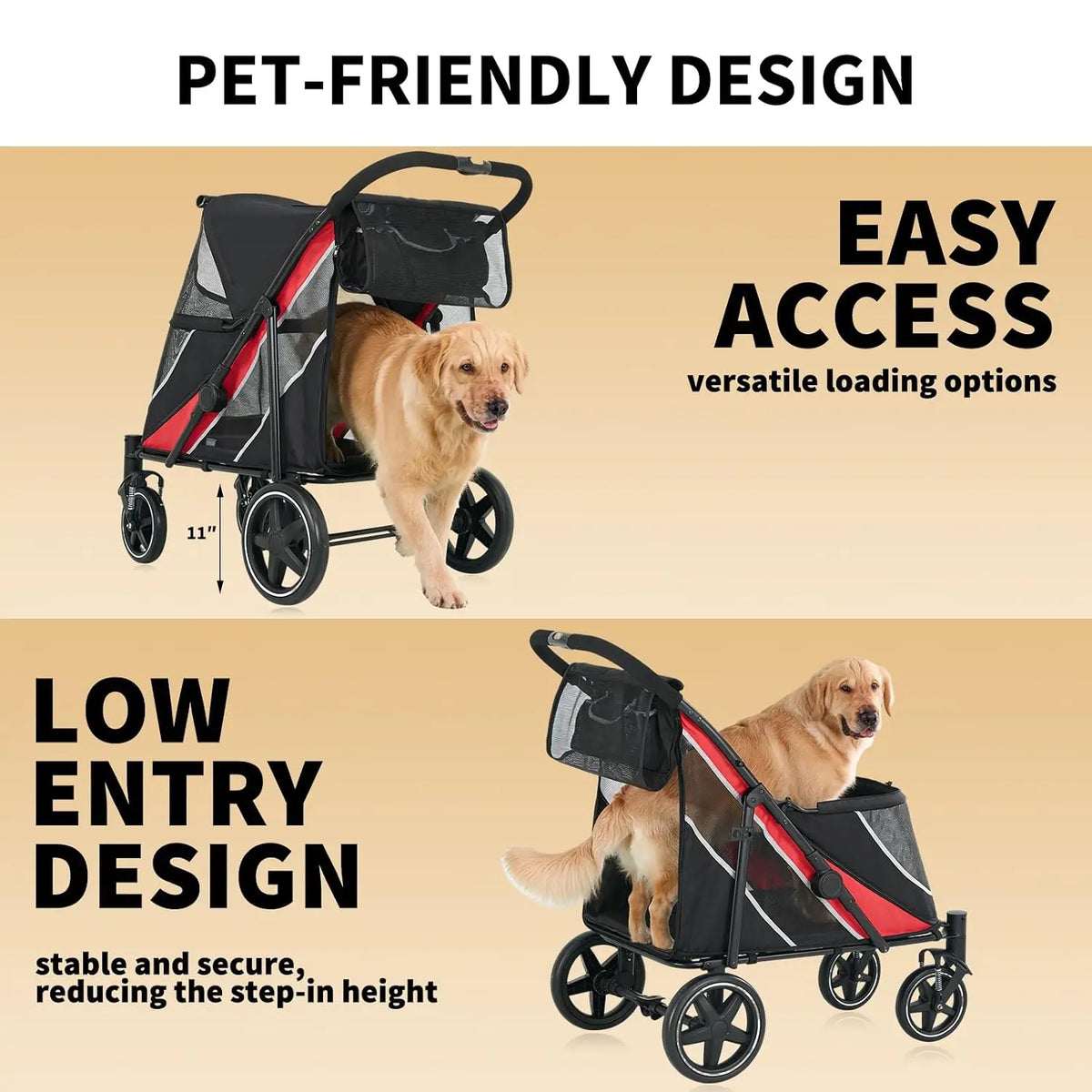 Heavy Duty Foldable Pet Stroller with Mesh Ventilation and Basket