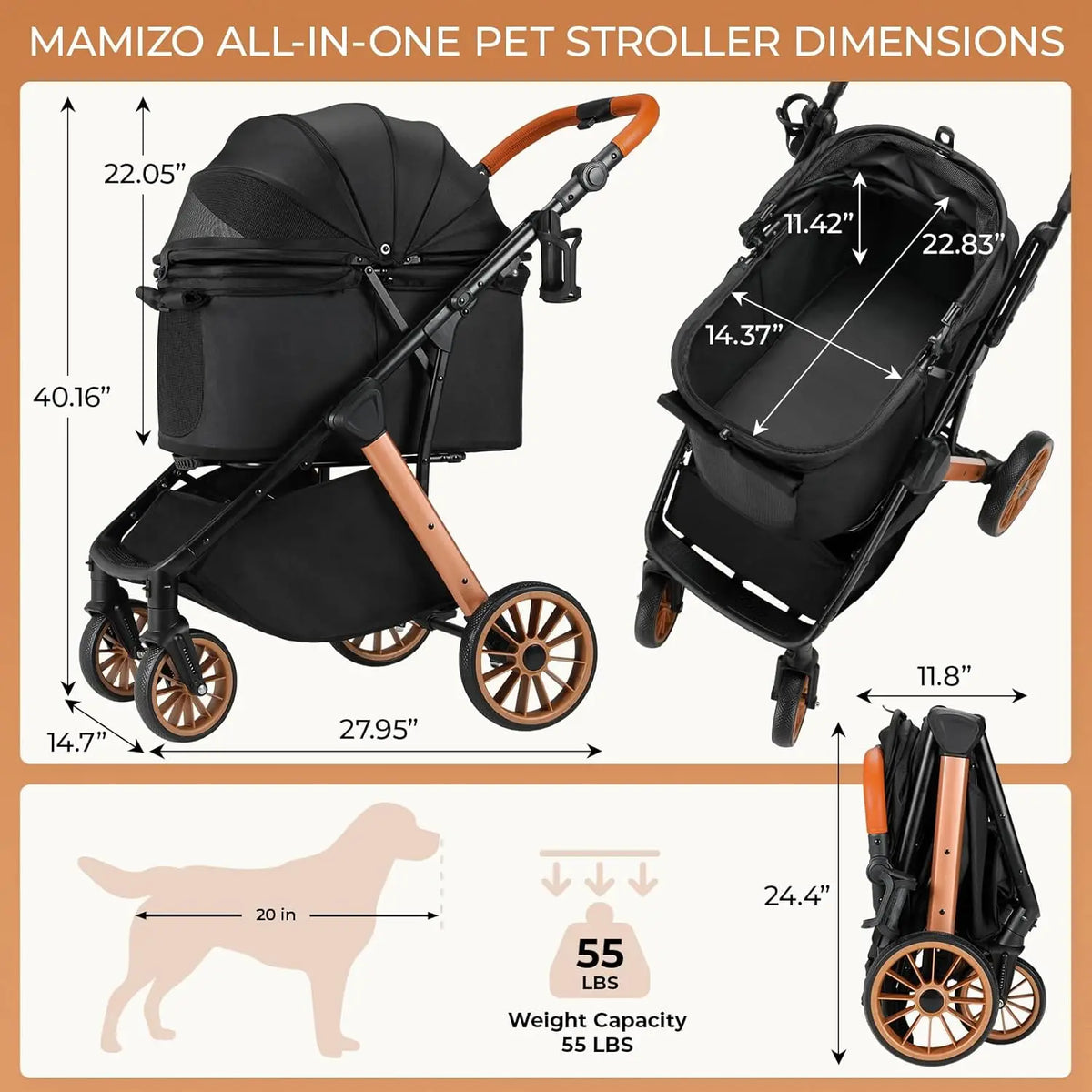 Foldable Pet Stroller With Canopy And Shock Absorber Design