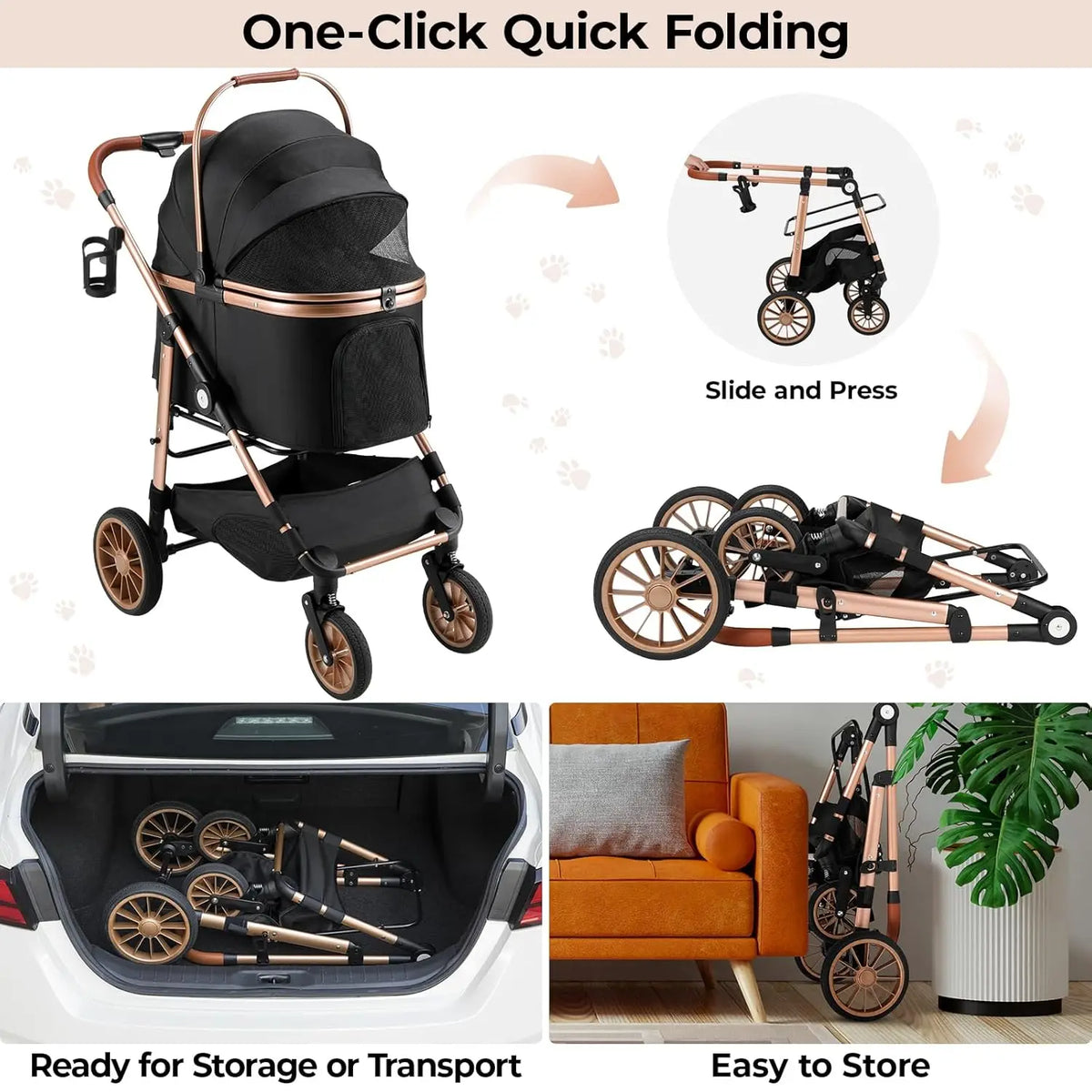 Foldable All Terrain Pet Stroller With Storage Basket