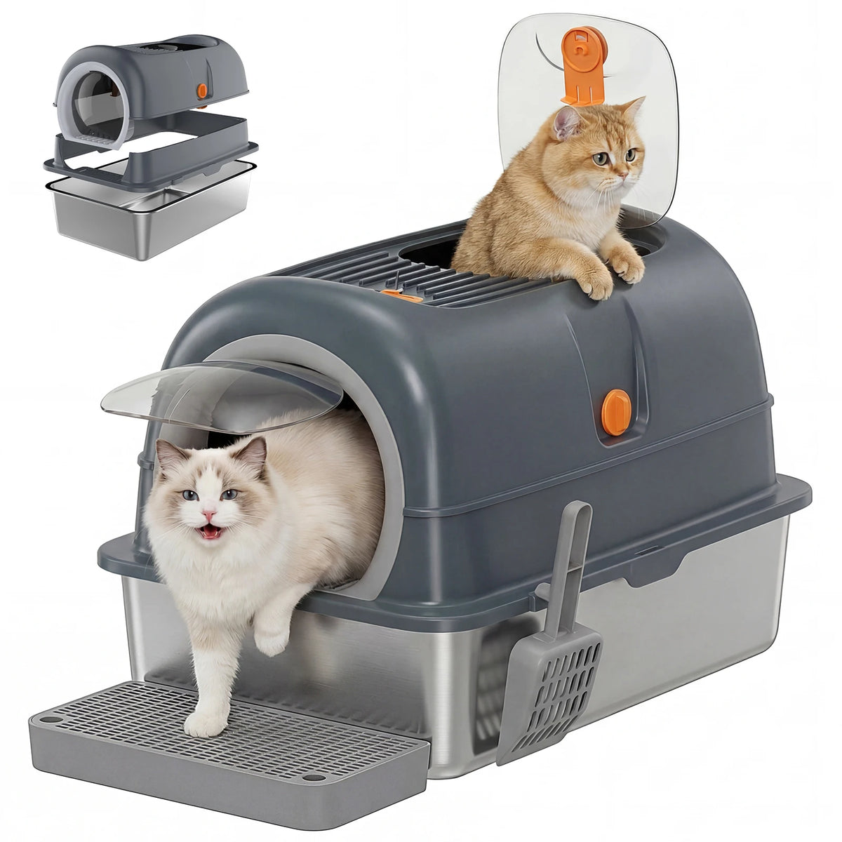Stainless Steel Enclosed Cat Litter Box Scoop And Mat