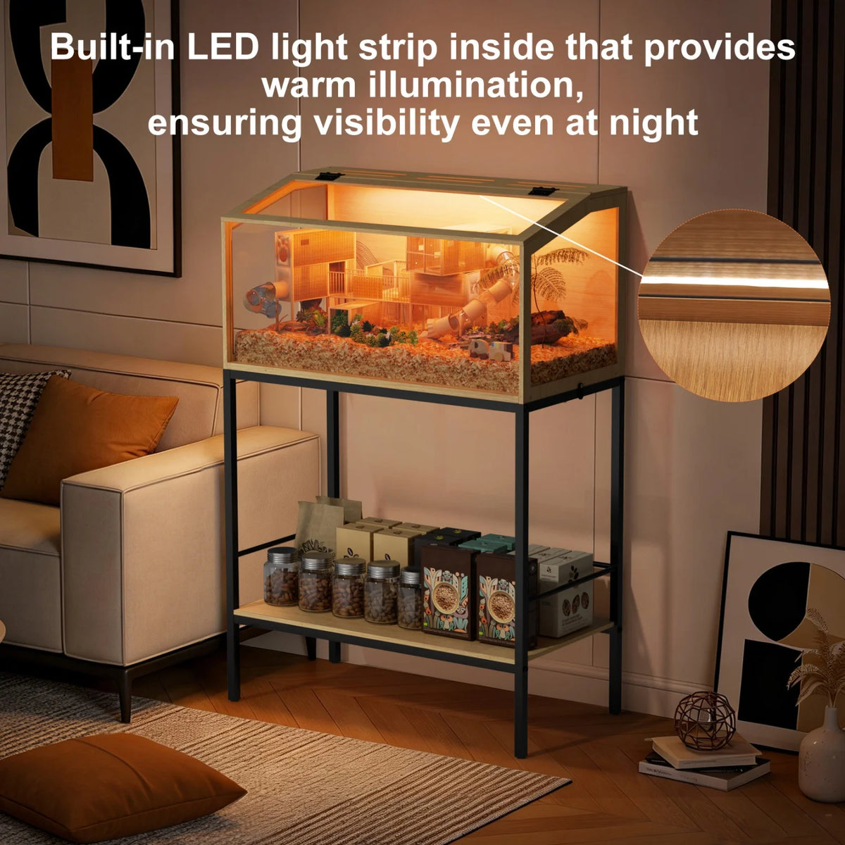 Chewproof Wooden Hamster Cage With Glass Panels And Led Light