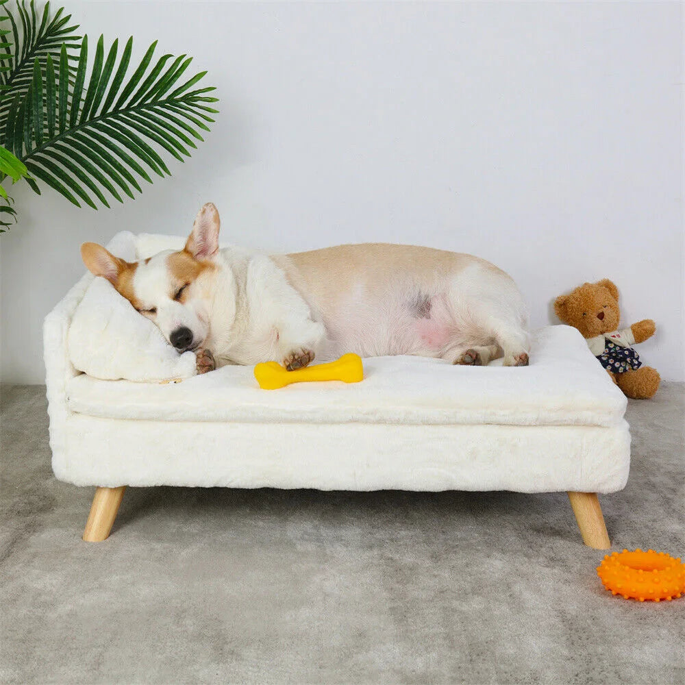 Borwart Plush Dog Sofa Bed With Backrest And Wooden Legs