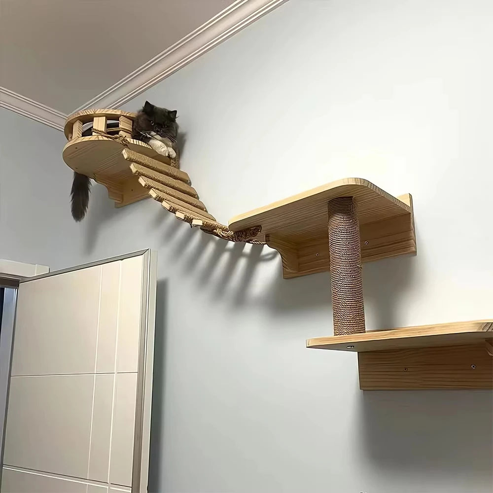 Wooden Cat Bridge With Sisal Rope Ladder Pet Scratcher Toy