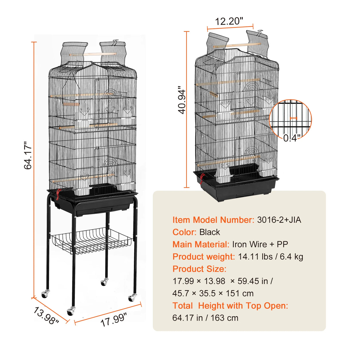 Open Top Large Parrot Bird Cage For Travel And Home