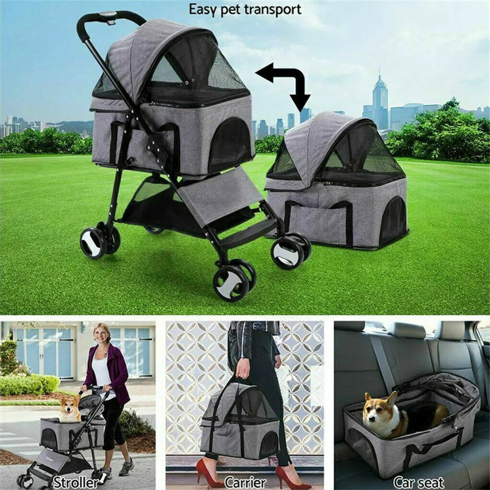 foldable pet dog stroller with storage basket and rain cover