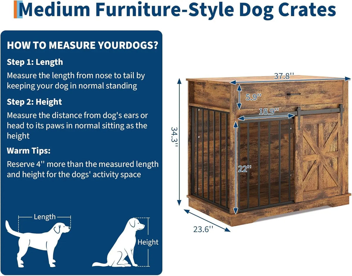 HiMISS Heavy Duty Ironwood Dog Crate Furniture With Barn Door