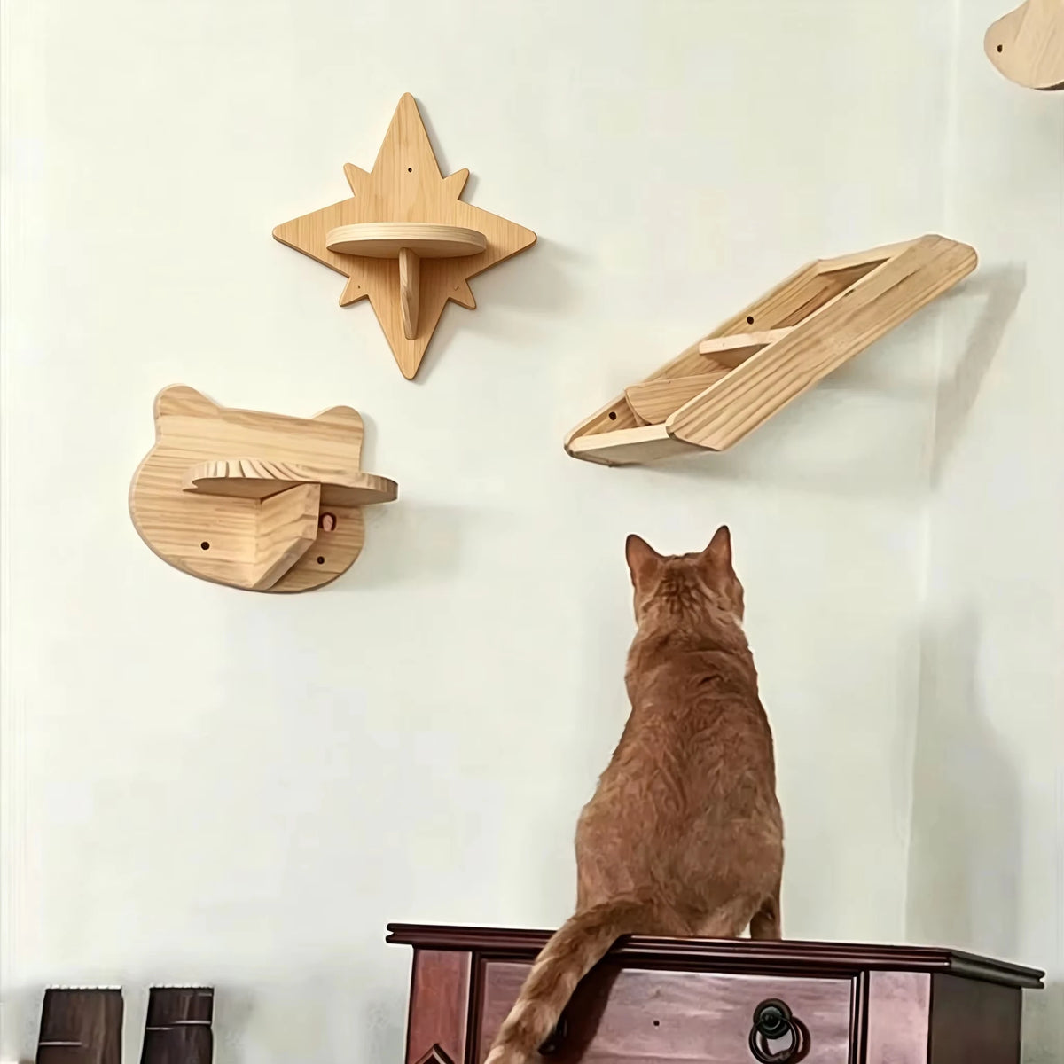 CWV Wall Mounted Cat Shelves Pine Wood Moon Hammock Star Frame