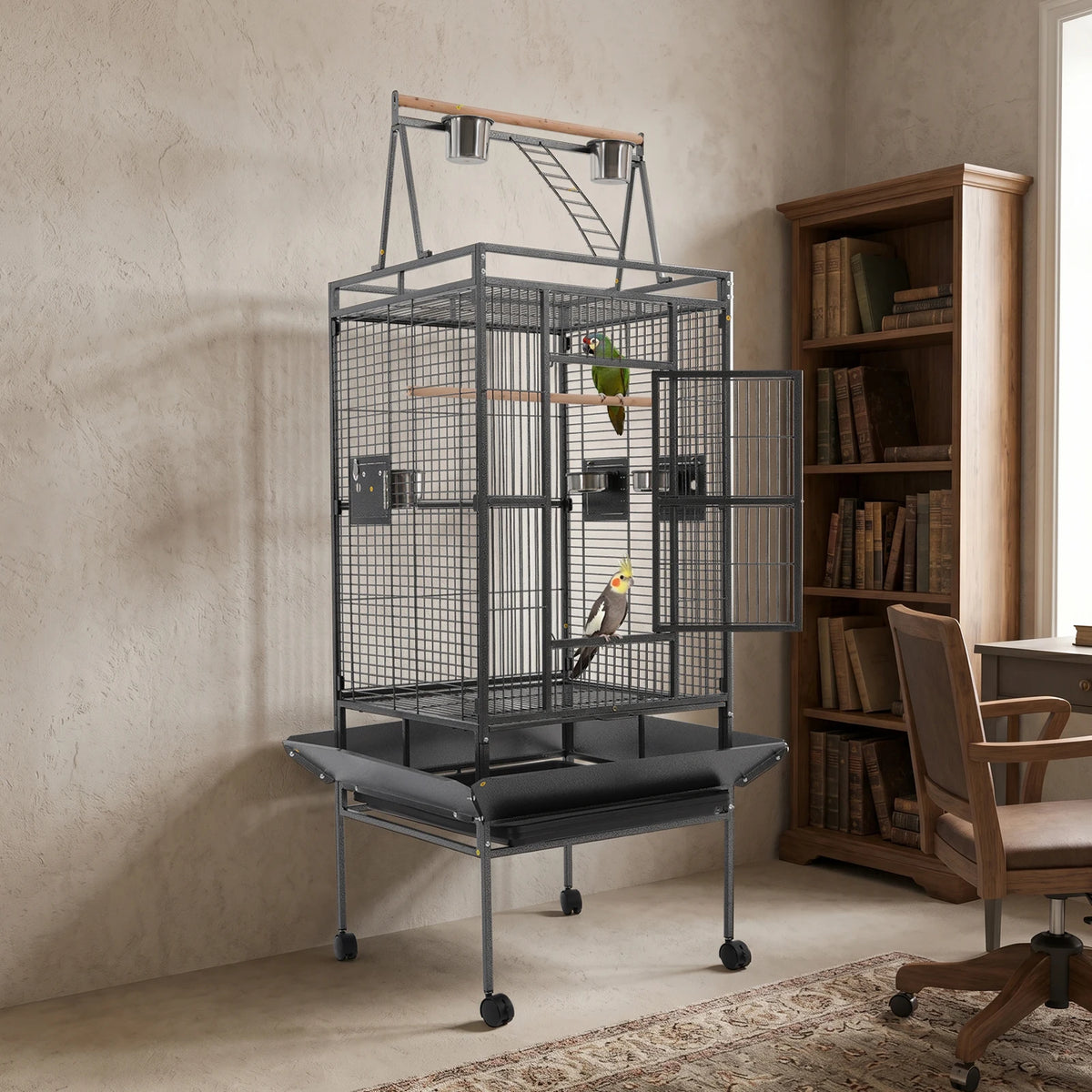 Spacious Rolling Parrot Aviary Cage With Lockable Wheels Metal Frame