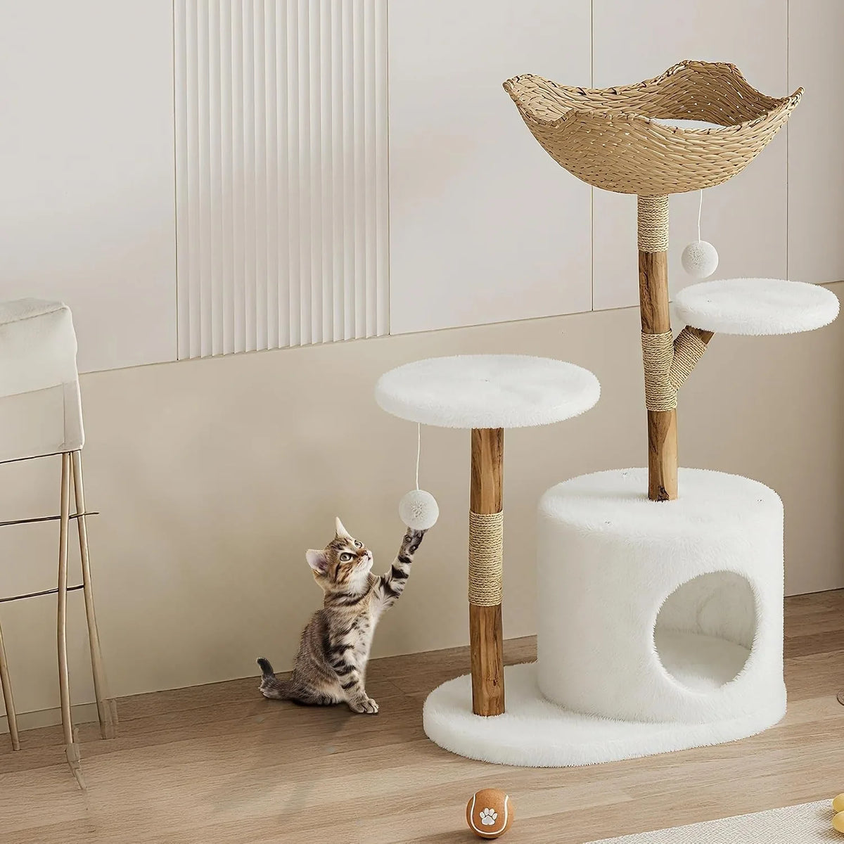 43 Inch Wooden Cat Tree Tower With Rattan Perches And Sturdy Base