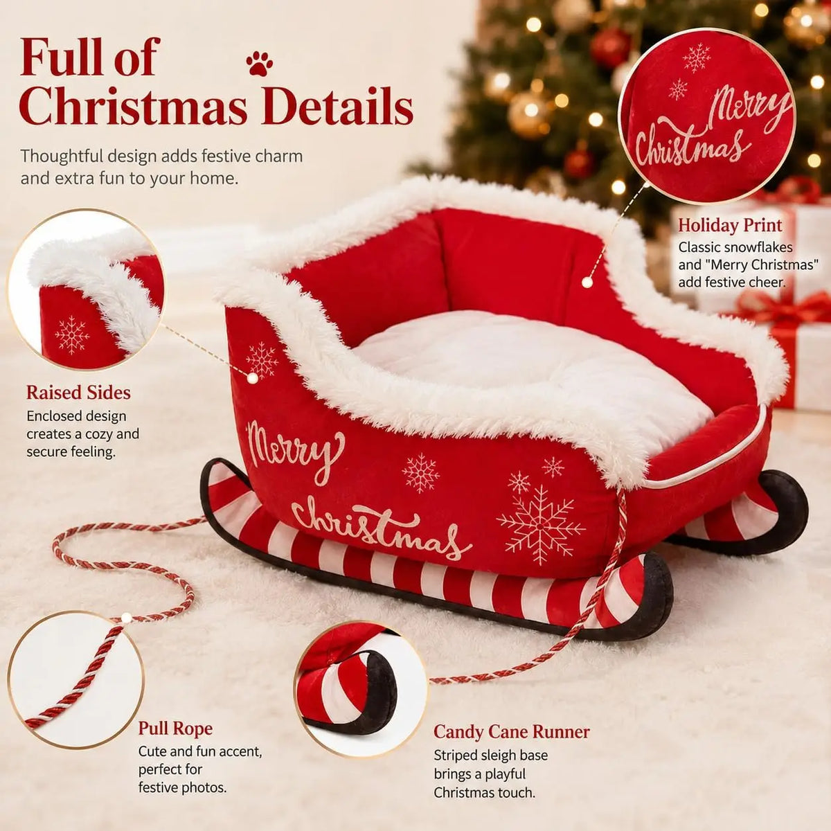 Christmas Dog Sleigh Bed, Calming Pet Sofa With Raised Sides