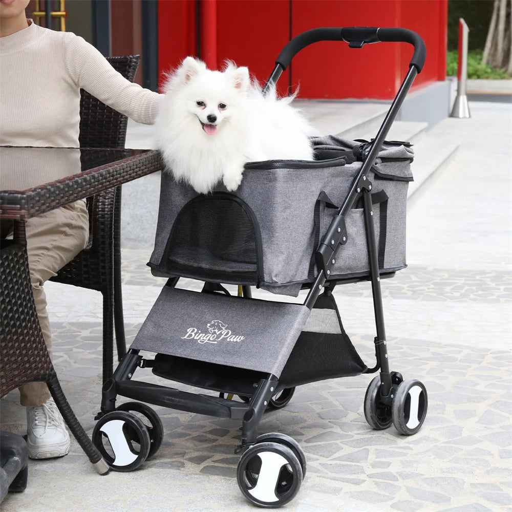 foldable pet dog stroller with storage basket and rain cover