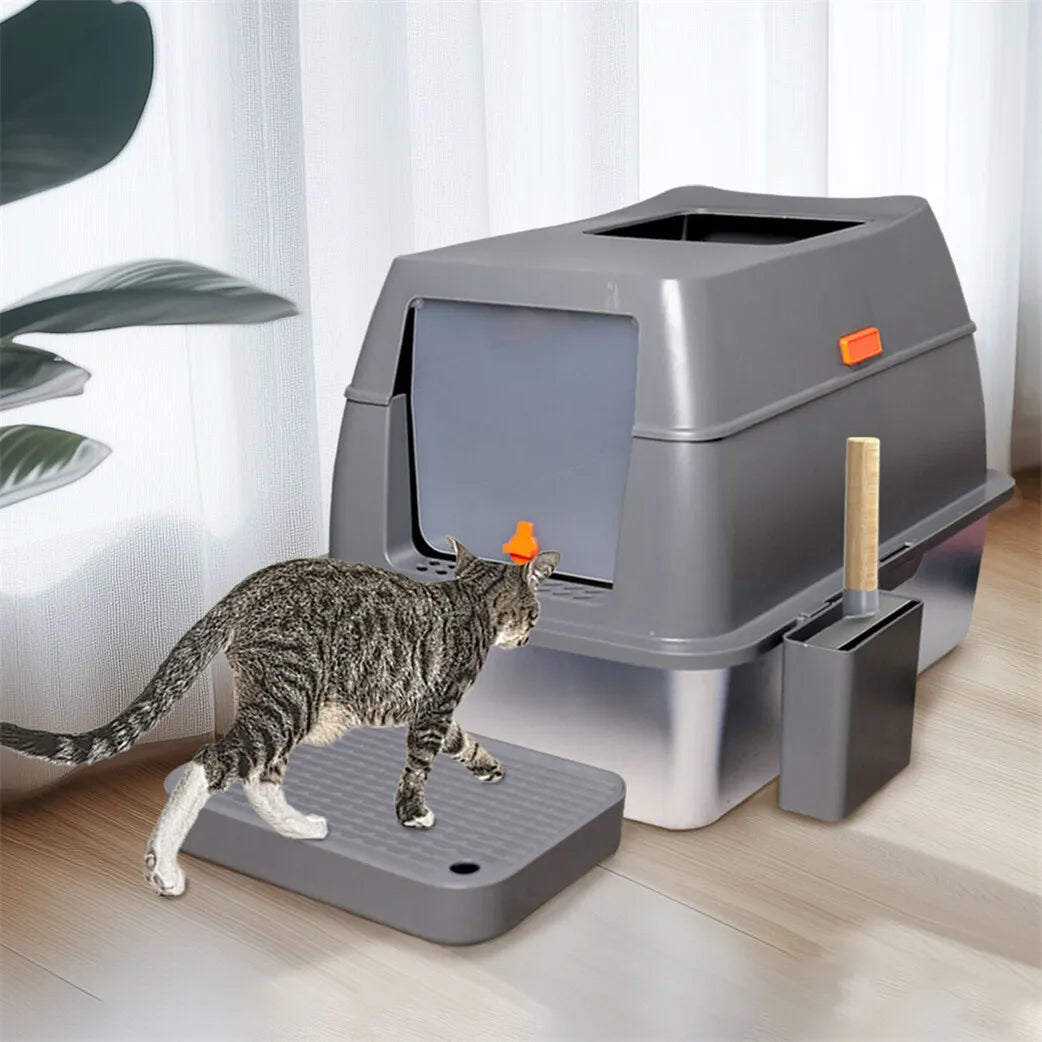 Stainless Steel Enclosed Cat Litter Box With Lid And Scoop