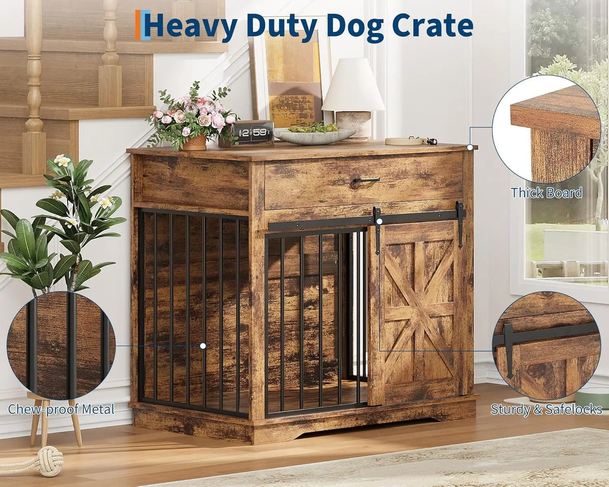 HiMISS Heavy Duty Ironwood Dog Crate Furniture With Barn Door