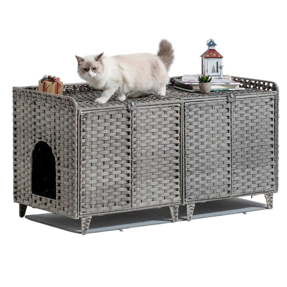 DishyKooker Rattan Litter Box Enclosure Hidden Doors Cat Furniture