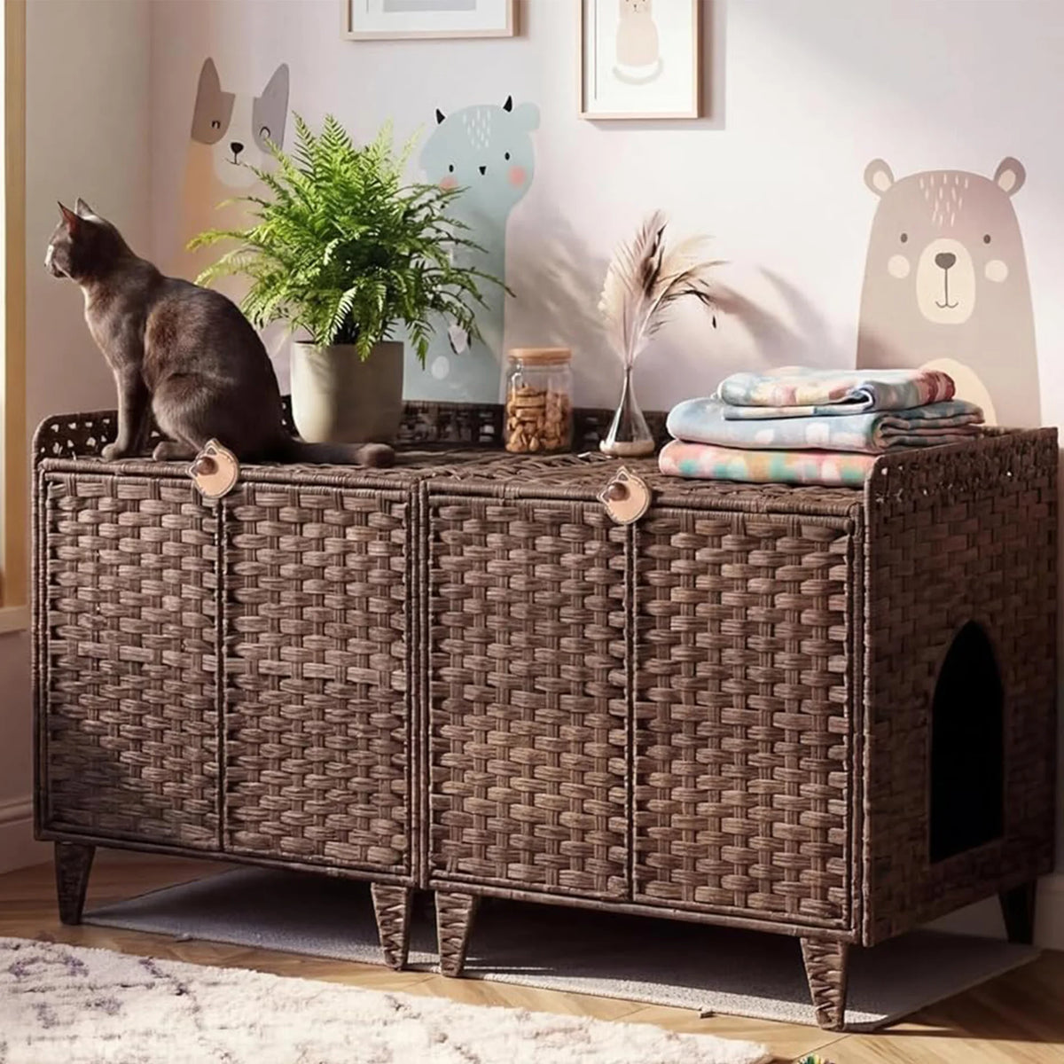 DishyKooker Rattan Litter Box Enclosure Hidden Doors Cat Furniture