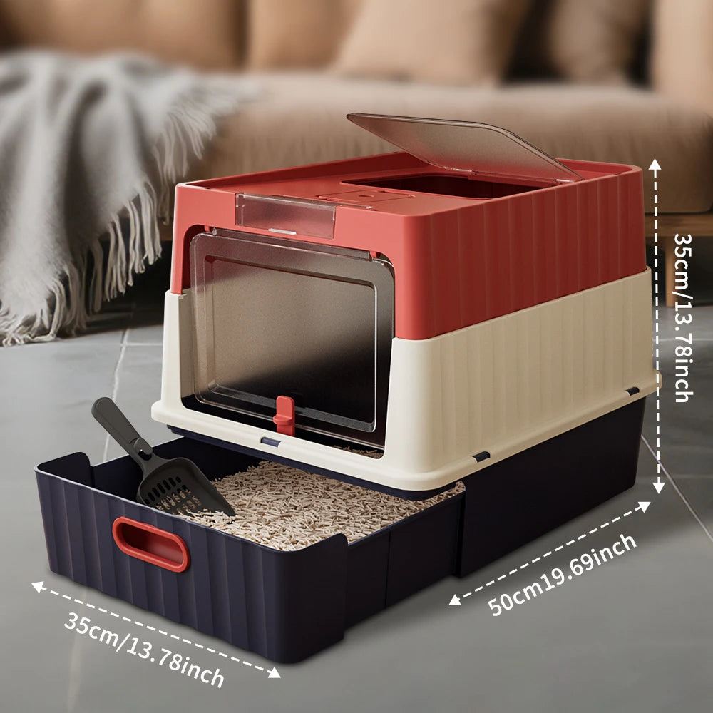 Covered Cat Litter Box With Pull Out Drawer And Scoop