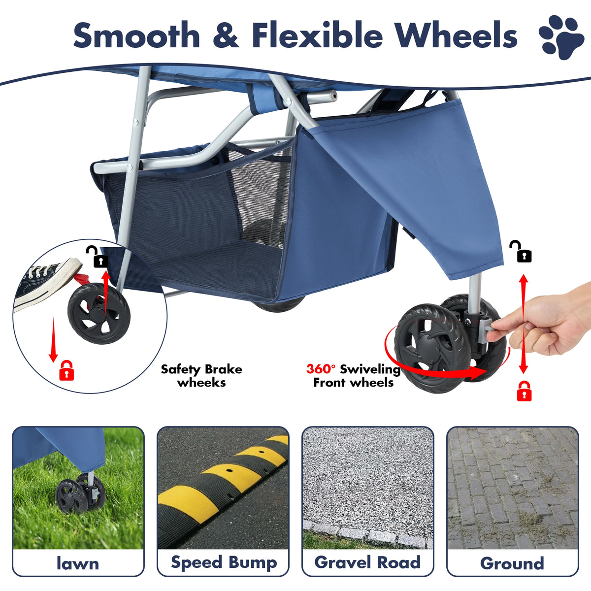 JHK Foldable Three Wheel Pet Stroller For Small Dogs Cats