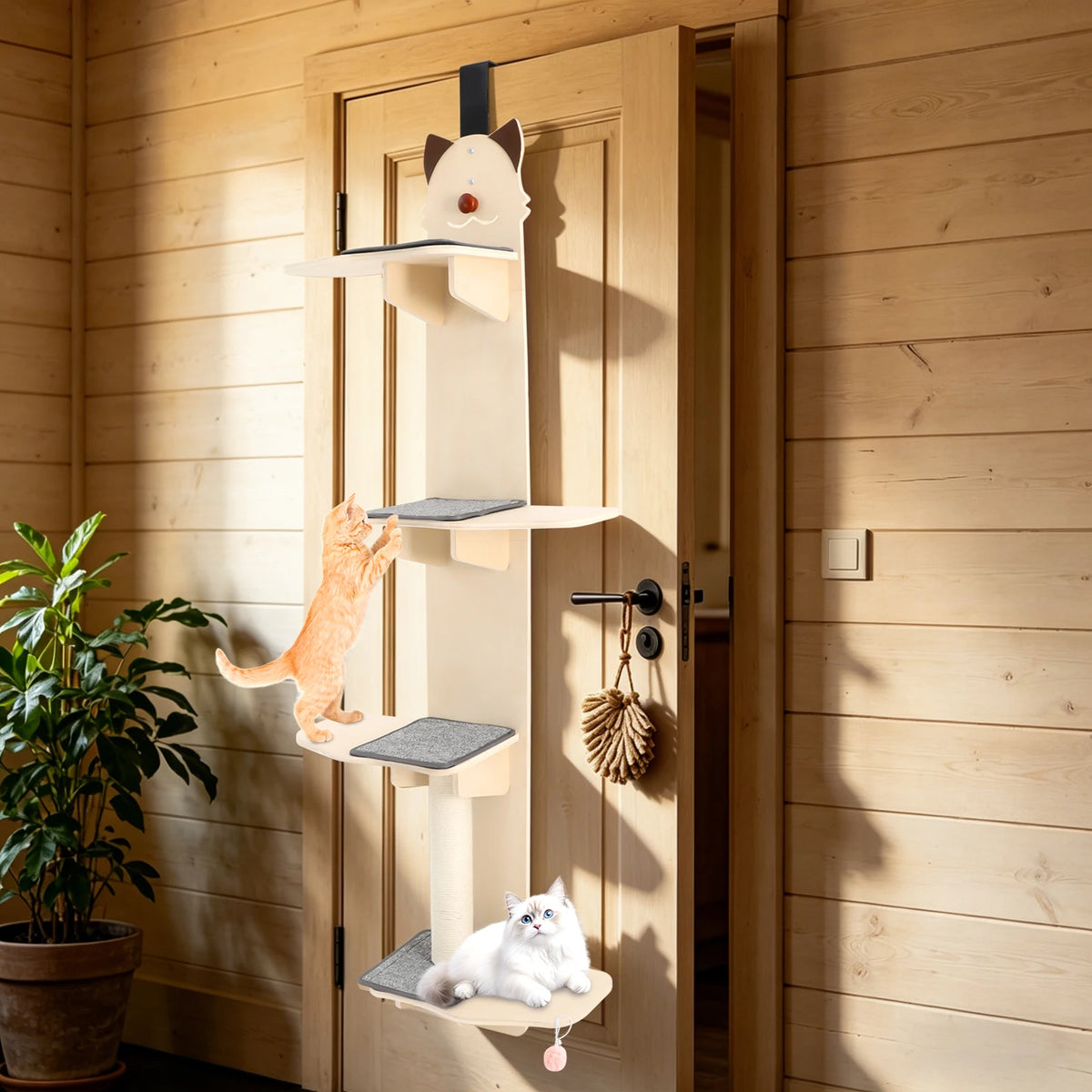 Door Mounted 4 Tier Solid Wood Cat Tree With Scratcher