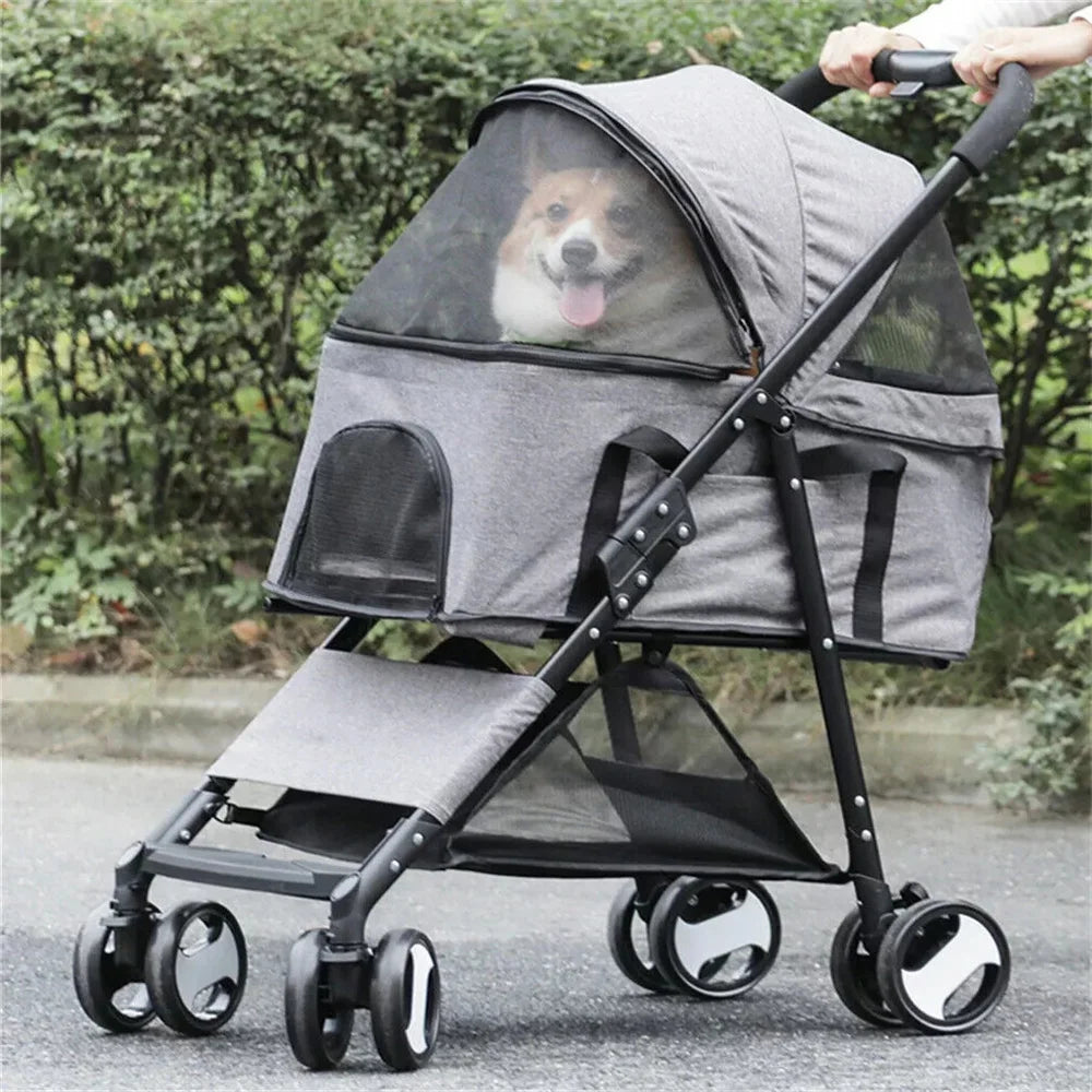 foldable pet dog stroller with storage basket and rain cover