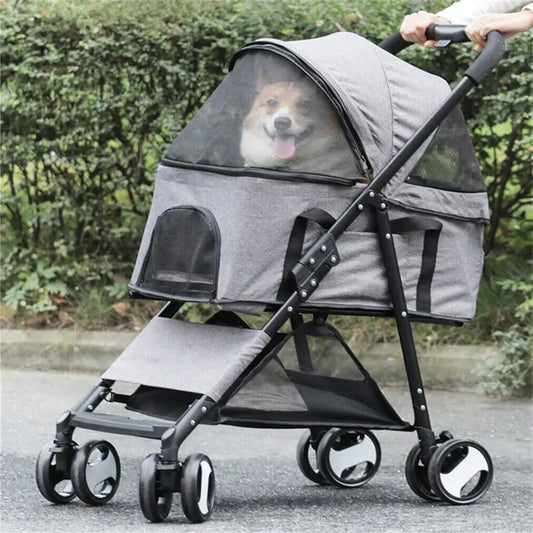 foldable pet dog stroller with storage basket and rain cover