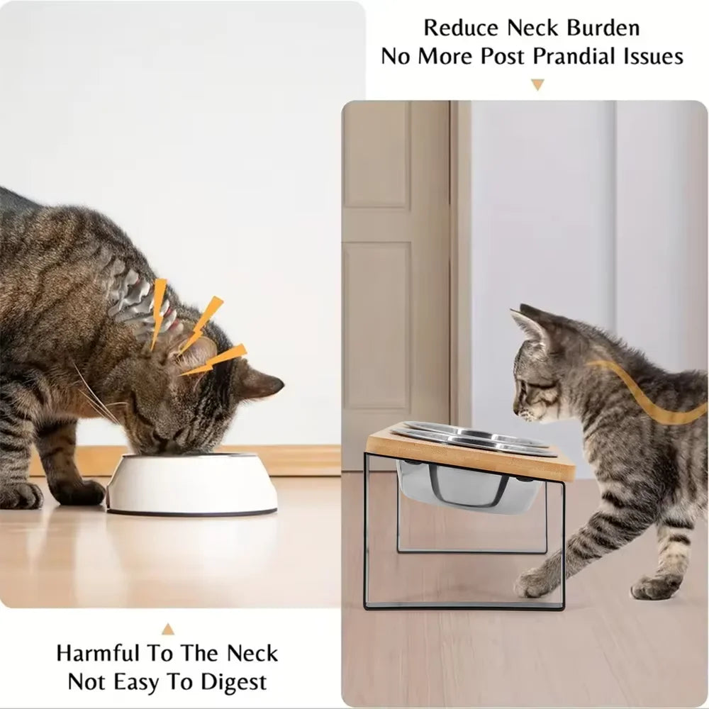 Elevated Tilted Cat Bowl With Wooden Stand And Stainless Feeder