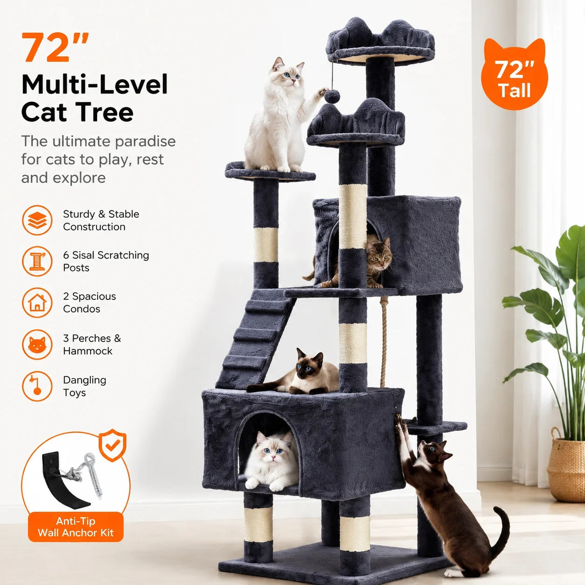 Tall 72 Inch Multi-Level Cat Tree With Scratching Posts