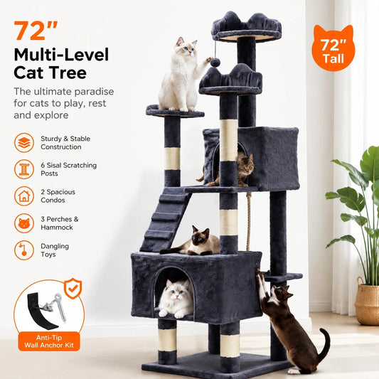 Tall 72 Inch Multi-Level Cat Tree With Scratching Posts