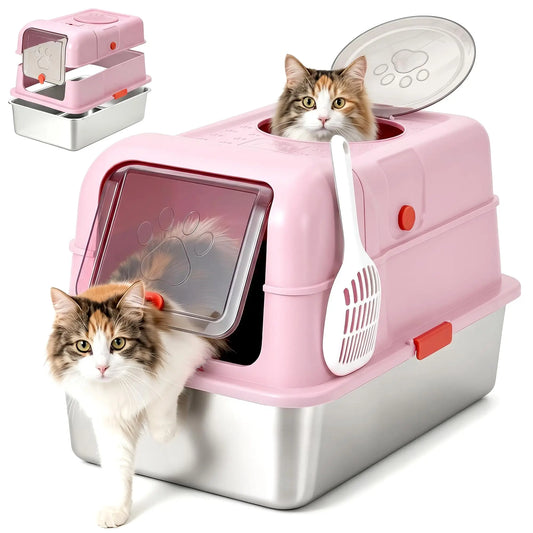 Studyset Enclosed Stainless Steel Cat Litter Box With Lid And Scoop