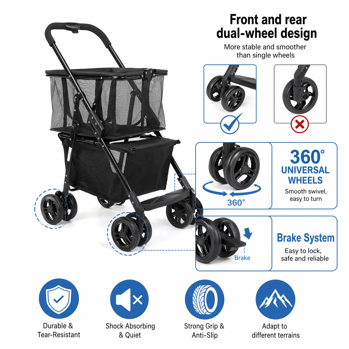 Folding Pet Stroller And Shopping Cart With Detachable Basket
