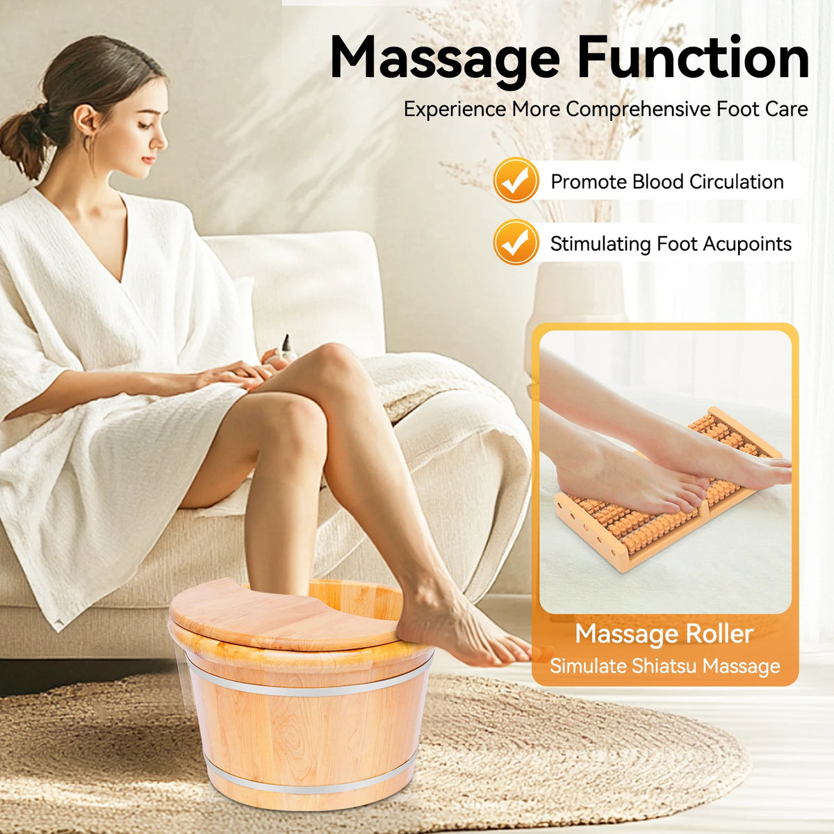 Cedar Wood Foot Massage Spa Bucket With Therapeutic Roller