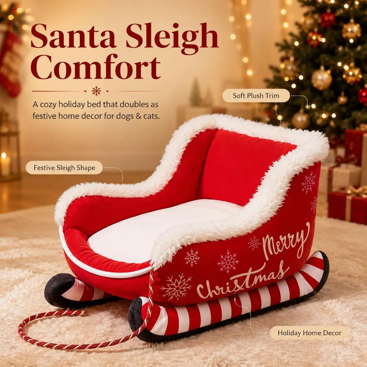 Christmas Dog Sleigh Bed, Calming Pet Sofa With Raised Sides