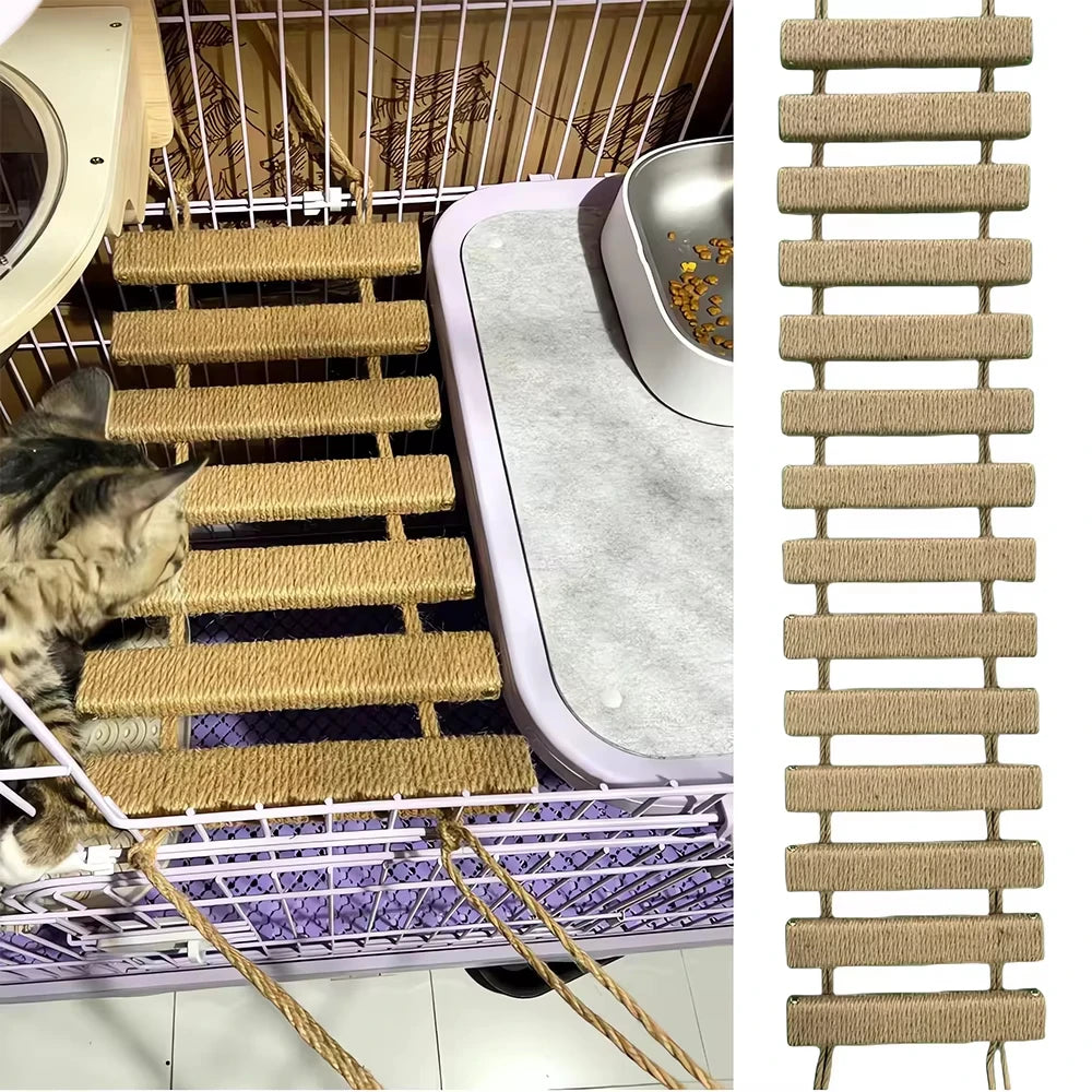 Wooden Cat Bridge With Sisal Rope Ladder Pet Scratcher Toy
